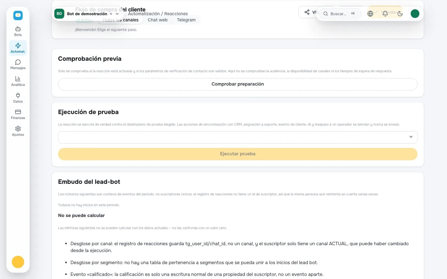 Configuración de automatización en un flujo de bot