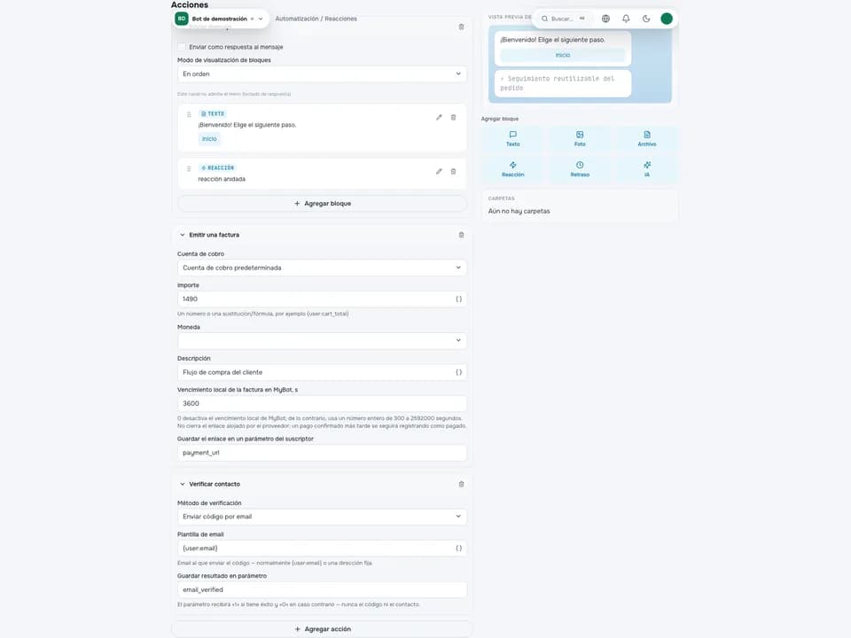 Configuración de mensajes y botones