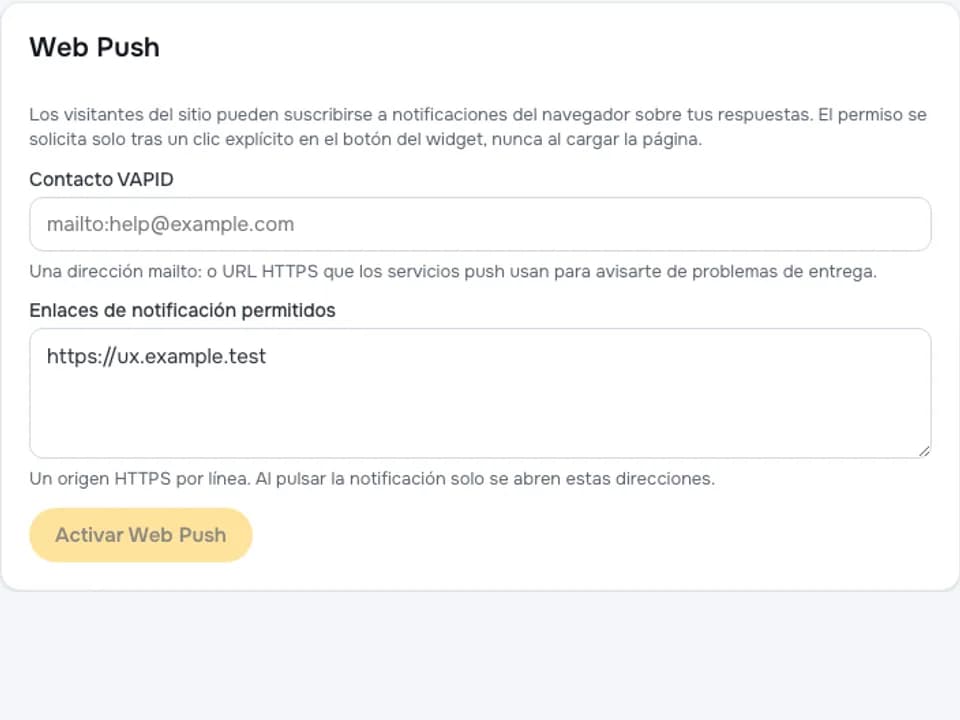 Configuración de canales push e In-app