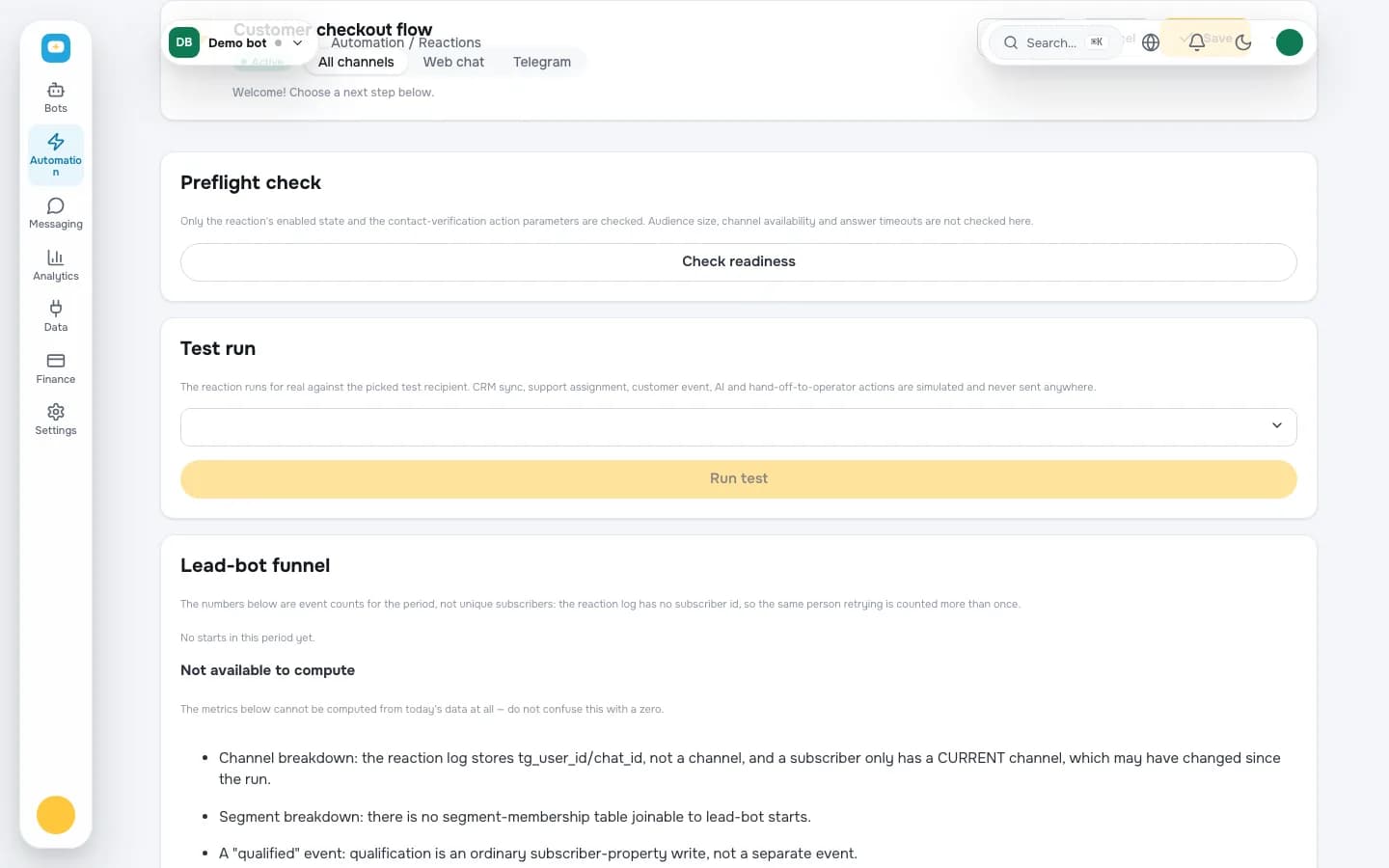Automation settings in a bot flow