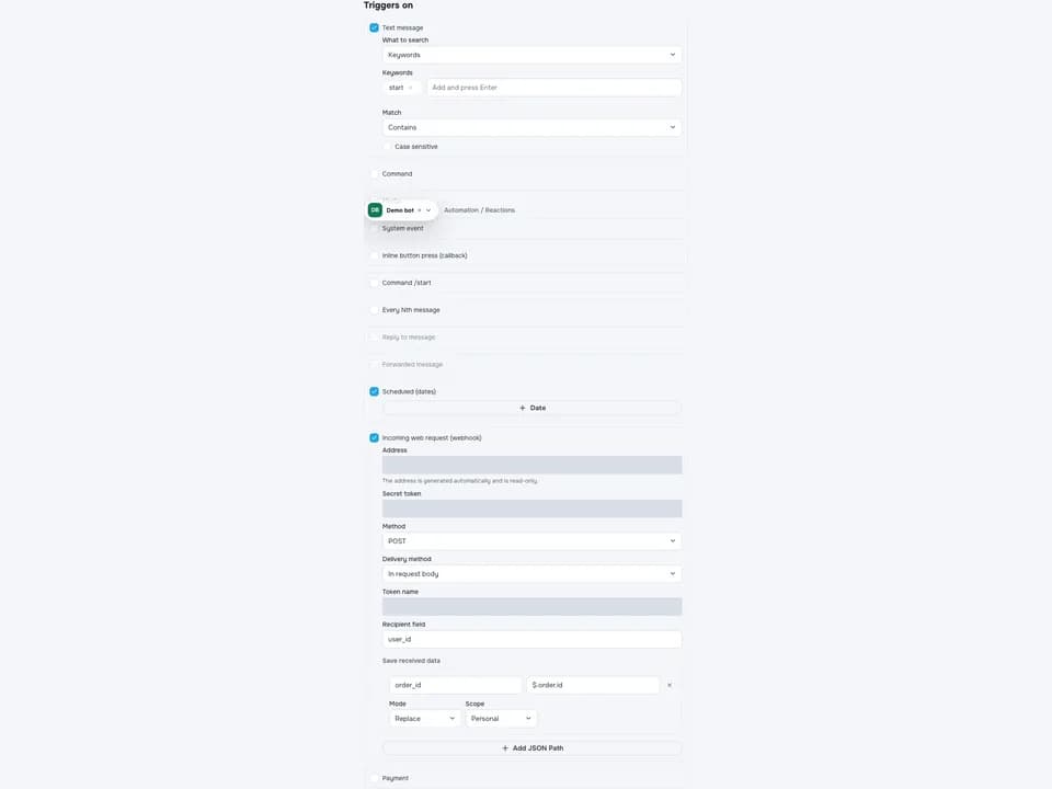 Background reaction settings