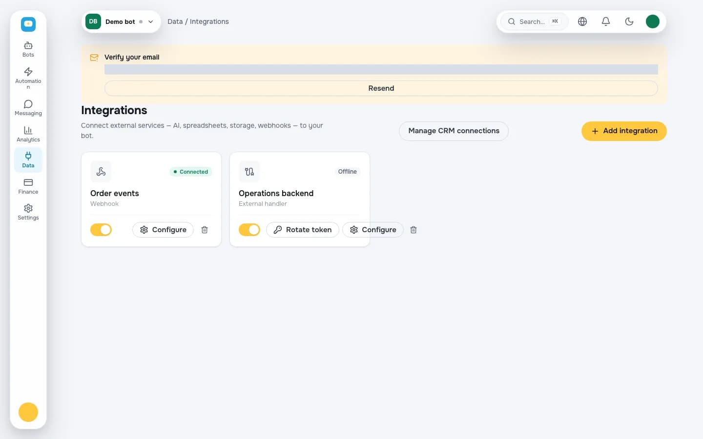 Integration settings for a bot