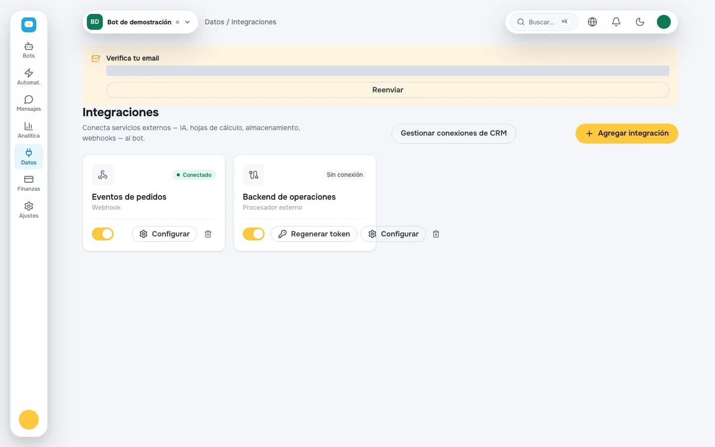 Configuración de integración para un bot