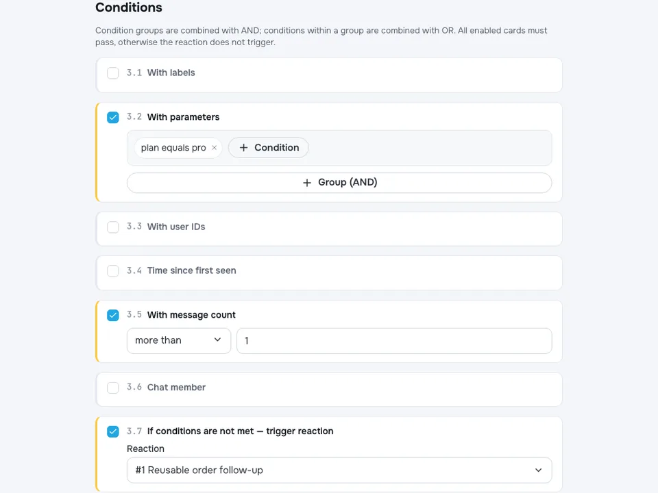 The condition panel of a journey step: two rules are enabled, plan equals pro and message count more than one, and a third rule sends the conversation to a named follow-up when they are not met