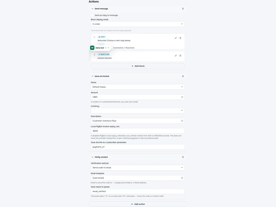 Condition editor beside a bot flow in GetMyBot